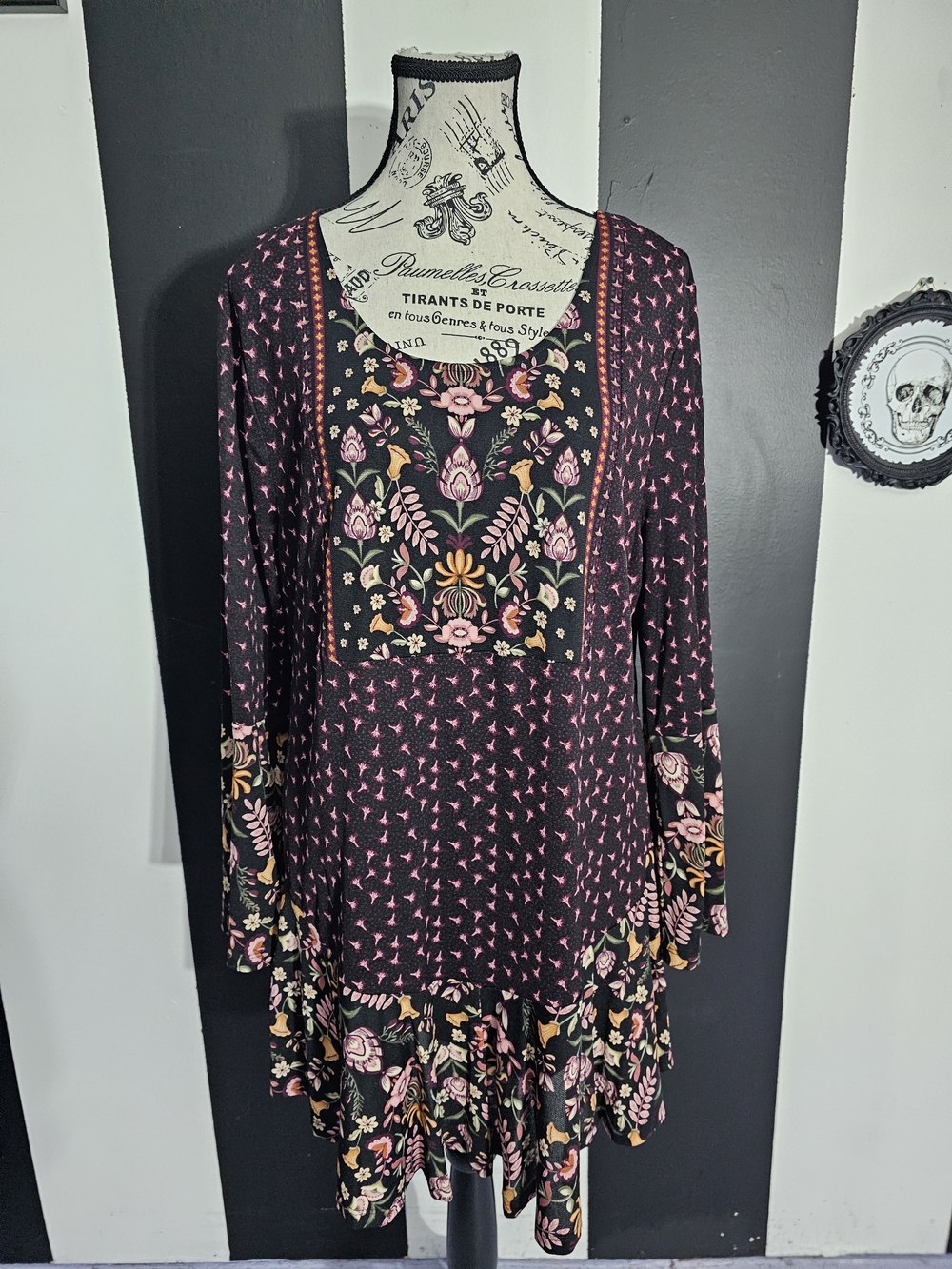 Style & Co. Black Long Sleeve Tunic Dress with Pink Floral Panels